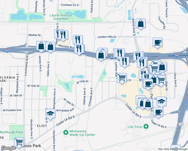 map of restaurants, bars, coffee shops, grocery stores, and more near 1427 Colorado Avenue South in St. Louis Park