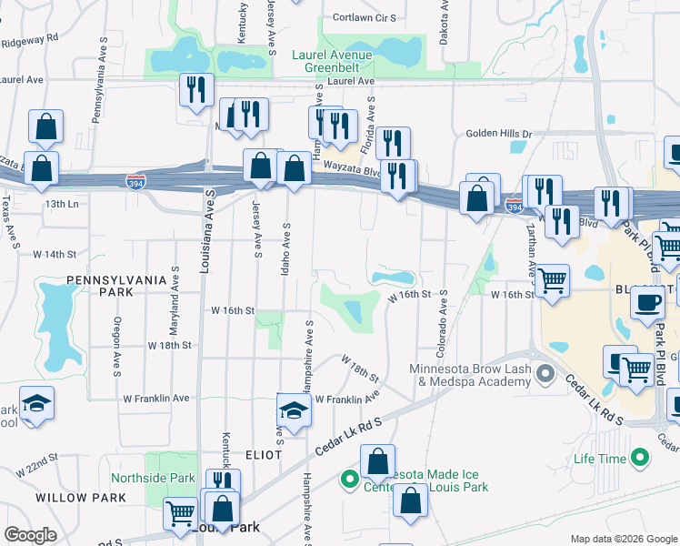 map of restaurants, bars, coffee shops, grocery stores, and more near 1351 Hampshire Avenue South in St. Louis Park