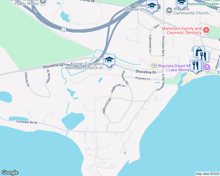 map of restaurants, bars, coffee shops, grocery stores, and more near 365 Highcroft Lane in Wayzata
