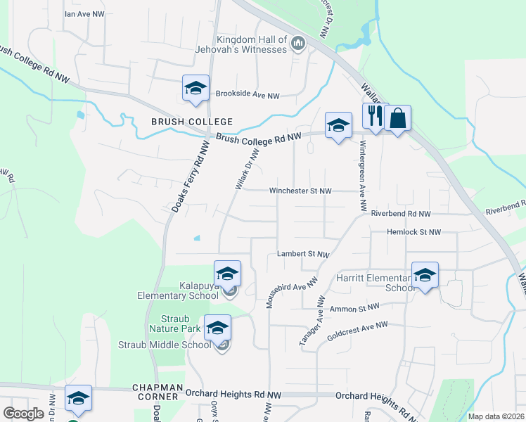 map of restaurants, bars, coffee shops, grocery stores, and more near 1947 Wimbledon Court Northwest in Salem