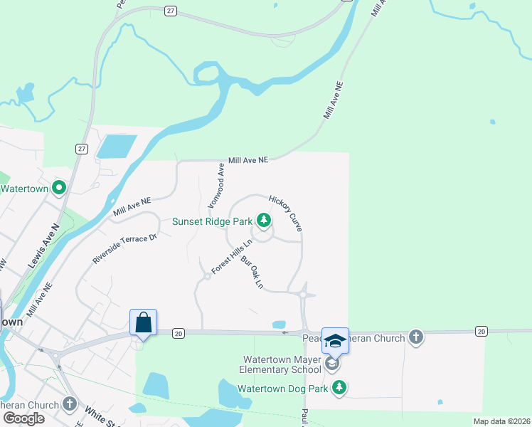 map of restaurants, bars, coffee shops, grocery stores, and more near 990 Hickory Curve in Watertown