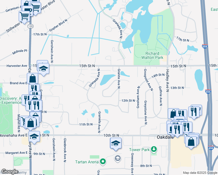 map of restaurants, bars, coffee shops, grocery stores, and more near Granite Lane North in Oakdale