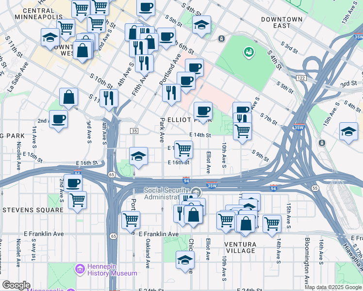 map of restaurants, bars, coffee shops, grocery stores, and more near 719 East 14th Street in Minneapolis