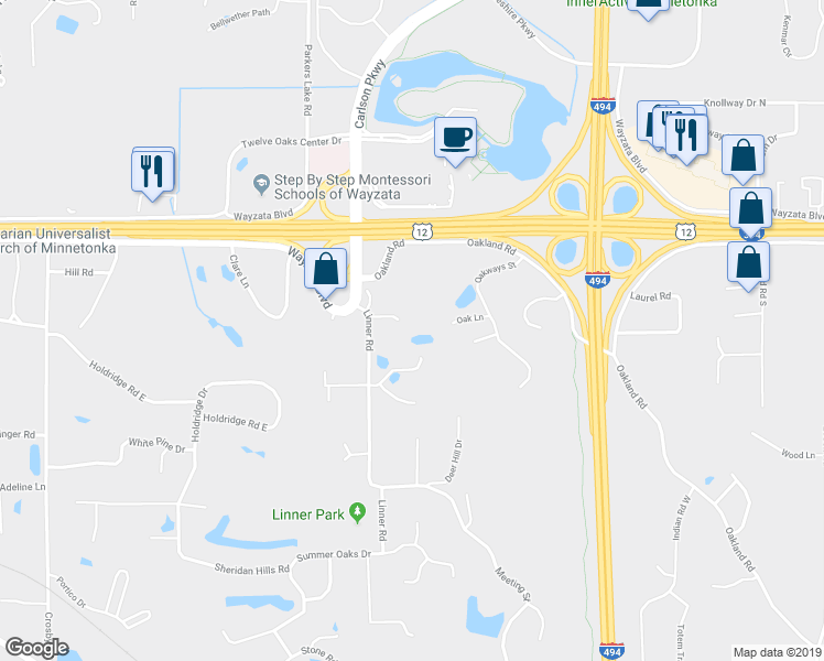 map of restaurants, bars, coffee shops, grocery stores, and more near 1555 Linner Road in Wayzata