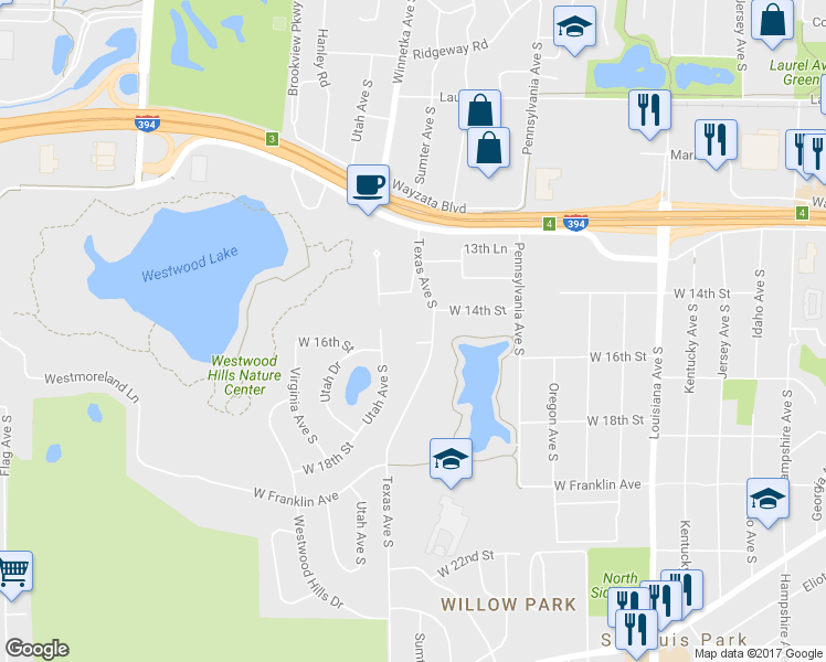 map of restaurants, bars, coffee shops, grocery stores, and more near 1435 Westwood Hills Road in Minneapolis