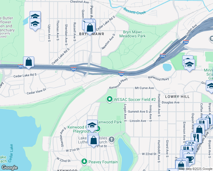 map of restaurants, bars, coffee shops, grocery stores, and more near 1600 Kenwood Parkway in Minneapolis