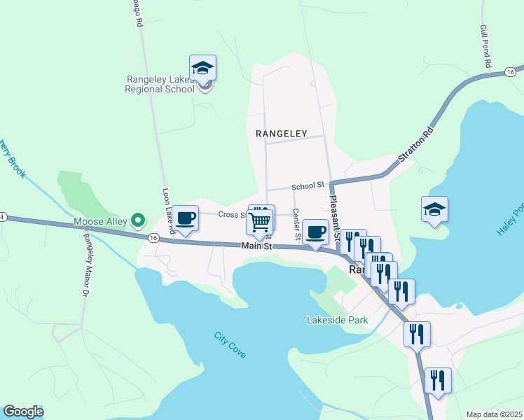 map of restaurants, bars, coffee shops, grocery stores, and more near 35 Cross Street in Rangeley