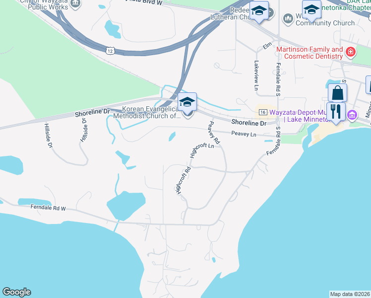 map of restaurants, bars, coffee shops, grocery stores, and more near 365 Highcroft Lane in Wayzata