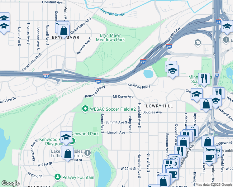 map of restaurants, bars, coffee shops, grocery stores, and more near 1712 Mount Curve Avenue in Minneapolis