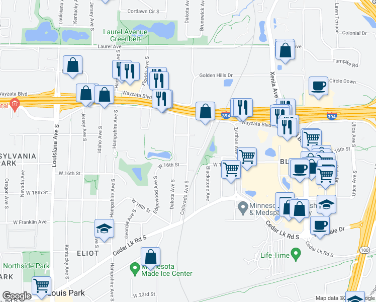 map of restaurants, bars, coffee shops, grocery stores, and more near 1425 Colorado Avenue South in St. Louis Park