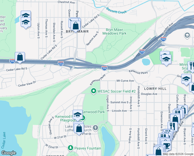 map of restaurants, bars, coffee shops, grocery stores, and more near 1206 Kenwood Parkway in Minneapolis