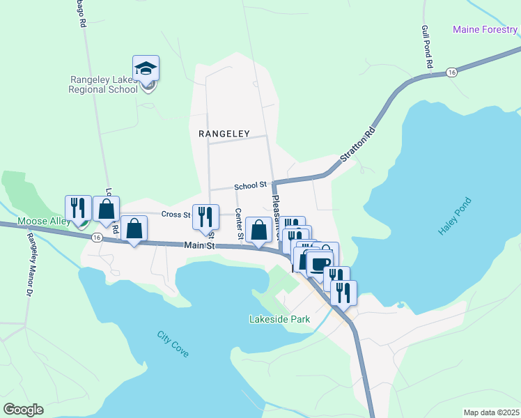 map of restaurants, bars, coffee shops, grocery stores, and more near 12 Pleasant Street in Rangeley