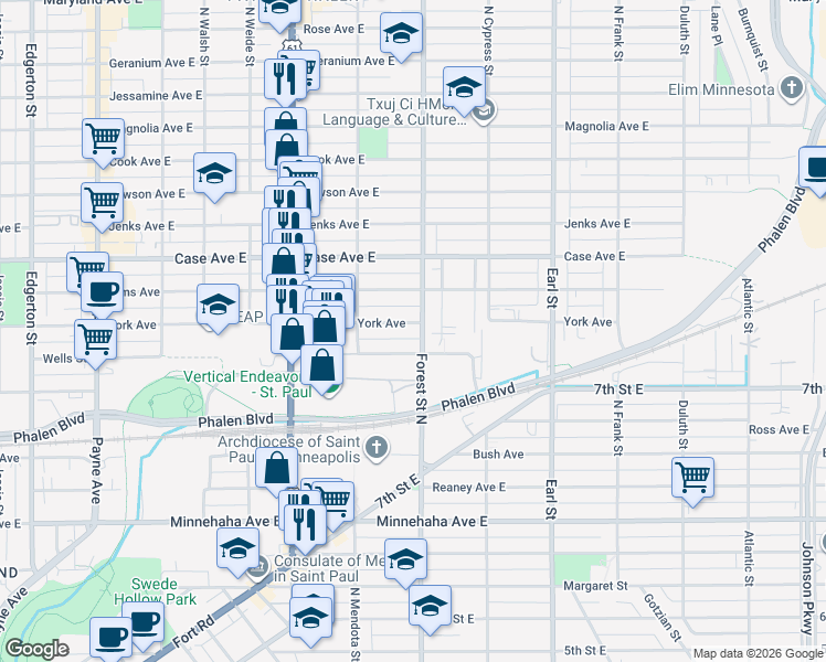 map of restaurants, bars, coffee shops, grocery stores, and more near 930 York Avenue in Saint Paul