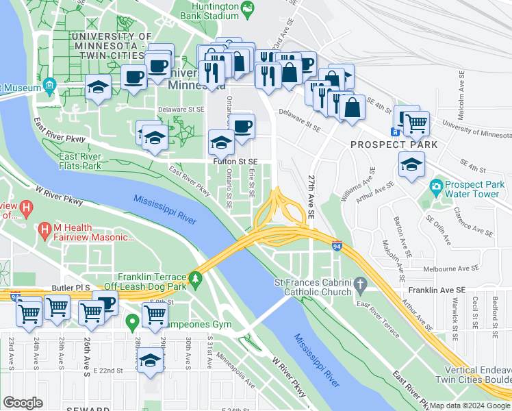 map of restaurants, bars, coffee shops, grocery stores, and more near 638 Huron Boulevard Southeast in Minneapolis