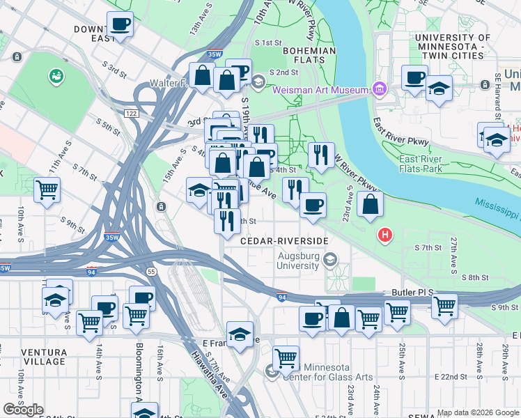 map of restaurants, bars, coffee shops, grocery stores, and more near in Minneapolis