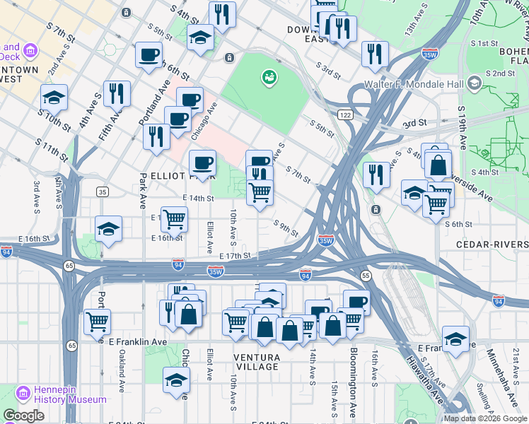 map of restaurants, bars, coffee shops, grocery stores, and more near 1409 South 11th Street in Minneapolis