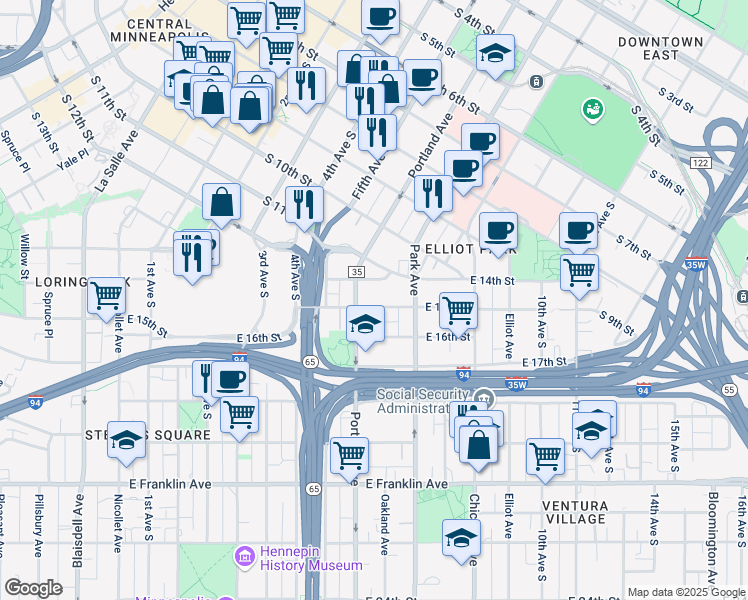 map of restaurants, bars, coffee shops, grocery stores, and more near in Minneapolis