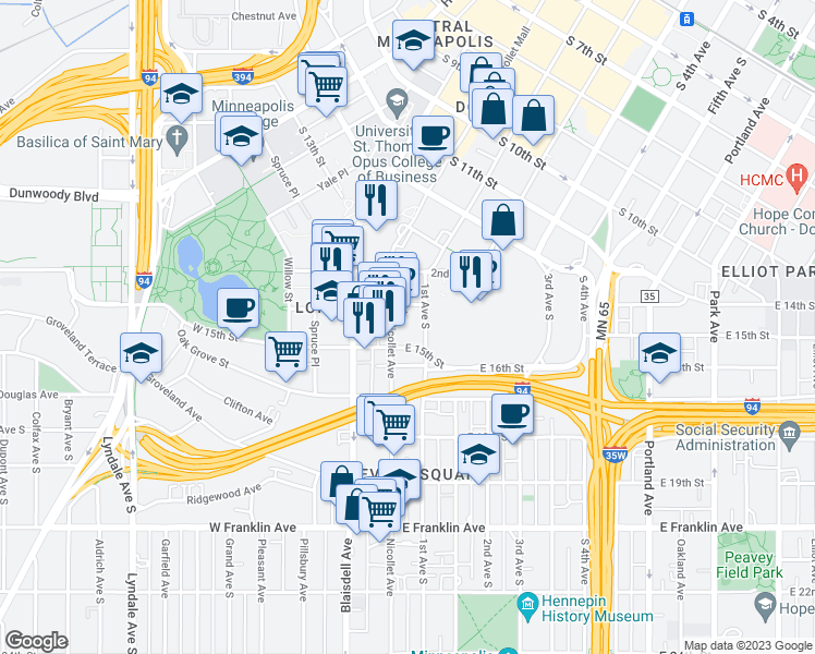 map of restaurants, bars, coffee shops, grocery stores, and more near 1411 Nicollet Avenue in Minneapolis