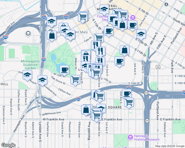 map of restaurants, bars, coffee shops, grocery stores, and more near in Minneapolis