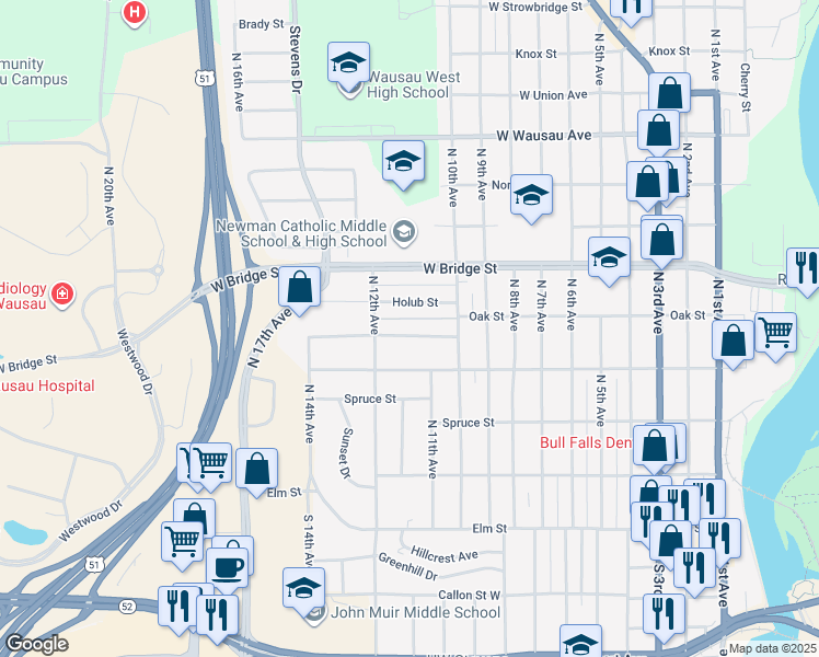 map of restaurants, bars, coffee shops, grocery stores, and more near 1114 Pine Street in Wausau