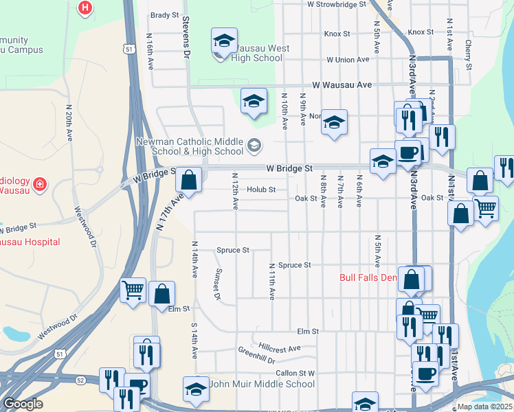 map of restaurants, bars, coffee shops, grocery stores, and more near 1114 Pine Street in Wausau