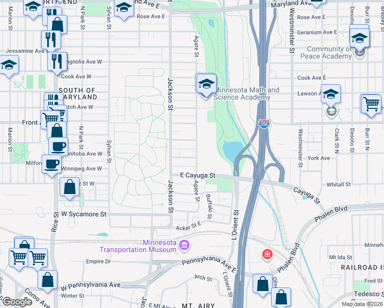 map of restaurants, bars, coffee shops, grocery stores, and more near 143 York Avenue in Saint Paul