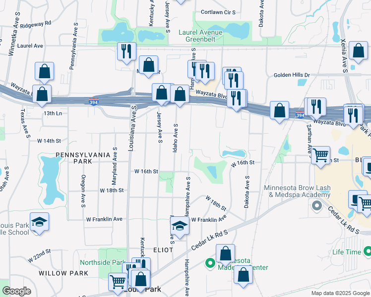map of restaurants, bars, coffee shops, grocery stores, and more near 1428 Hampshire Avenue South in Minneapolis