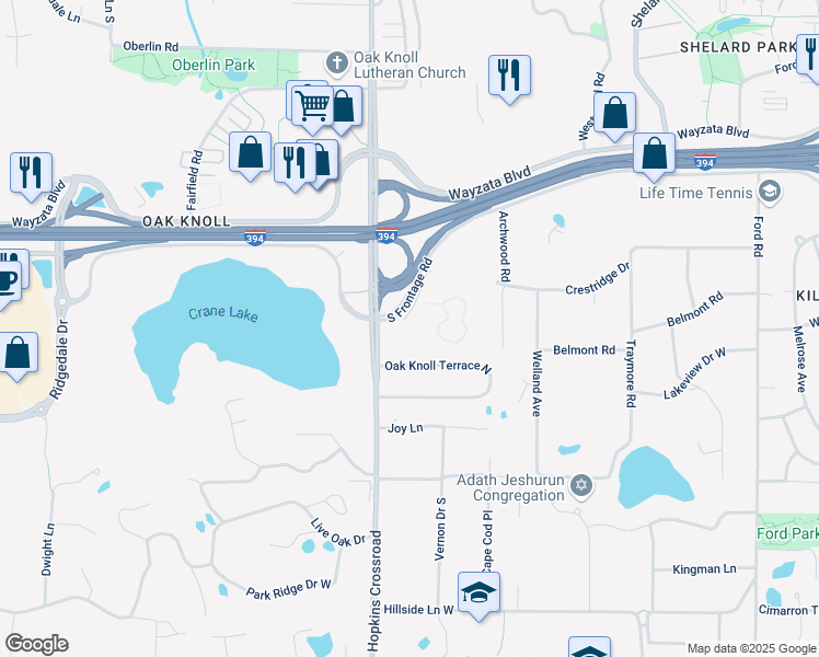 map of restaurants, bars, coffee shops, grocery stores, and more near 11055 Wayzata Boulevard in Minnetonka