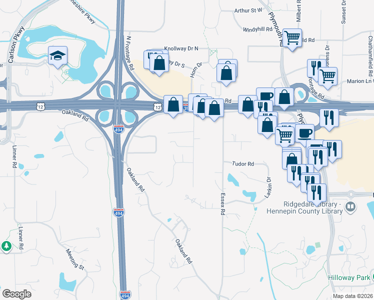 map of restaurants, bars, coffee shops, grocery stores, and more near 1600 Fairfield Road South in Hopkins