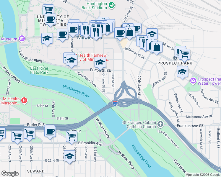 map of restaurants, bars, coffee shops, grocery stores, and more near 916 Dartmouth Place Southeast in Minneapolis