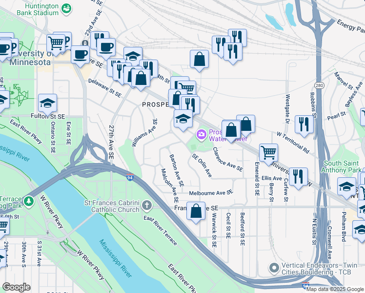 map of restaurants, bars, coffee shops, grocery stores, and more near 22 Southeast Orlin Avenue in Minneapolis