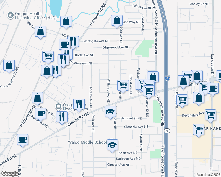 map of restaurants, bars, coffee shops, grocery stores, and more near 3370 Williams Avenue Northeast in Salem