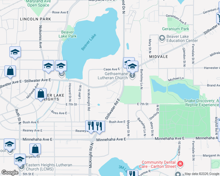 map of restaurants, bars, coffee shops, grocery stores, and more near 2330 Stillwater Avenue East in Maplewood