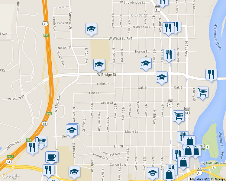 map of restaurants, bars, coffee shops, grocery stores, and more near 426 North 10th Avenue in Wausau