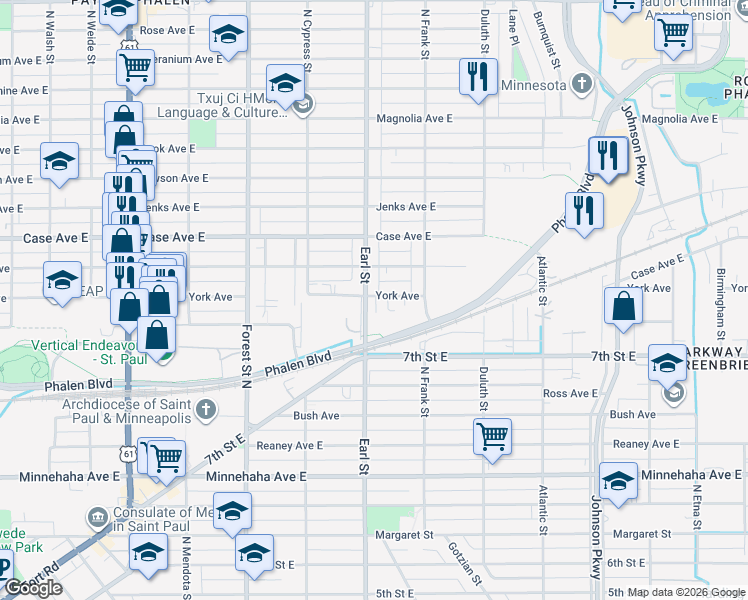 map of restaurants, bars, coffee shops, grocery stores, and more near 904 Earl Street in Saint Paul