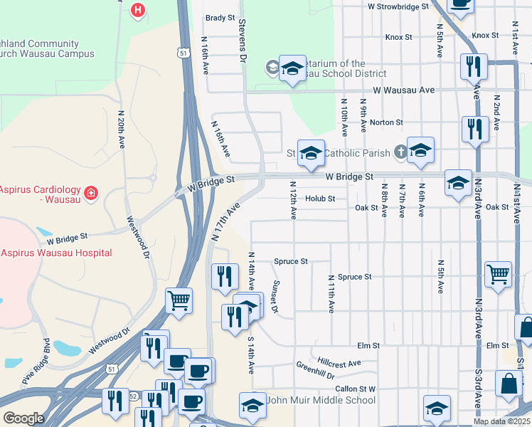 map of restaurants, bars, coffee shops, grocery stores, and more near 1302 Pine St in Wausau