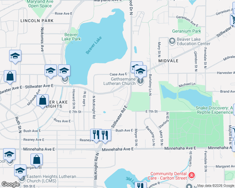 map of restaurants, bars, coffee shops, grocery stores, and more near 2330 Stillwater Avenue East in Maplewood