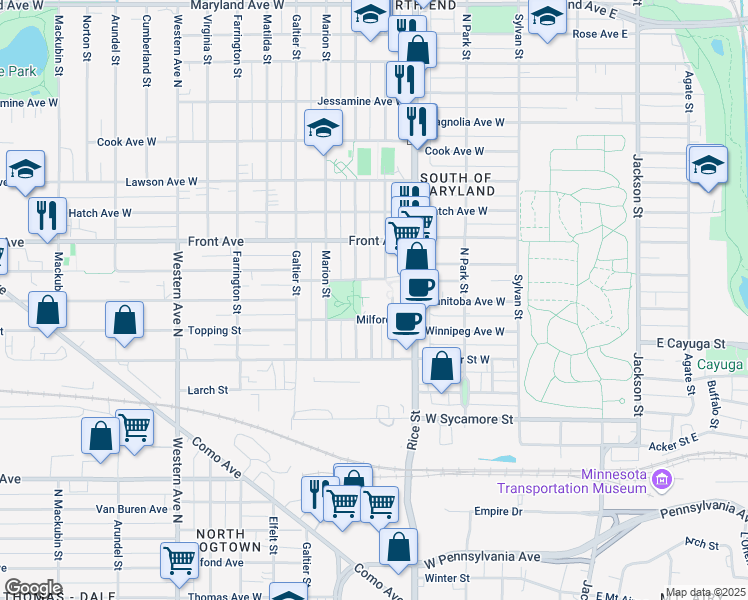 map of restaurants, bars, coffee shops, grocery stores, and more near 180 West Wayzata Street in Saint Paul