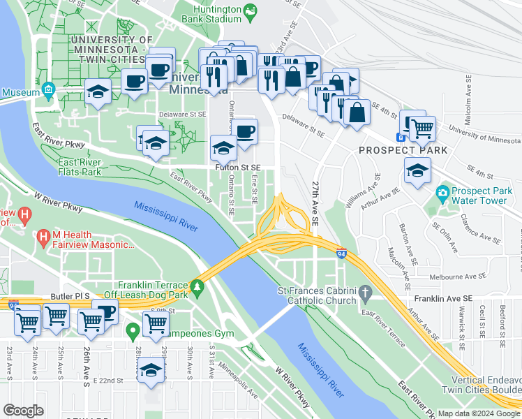 map of restaurants, bars, coffee shops, grocery stores, and more near 638 Huron Boulevard Southeast in Minneapolis