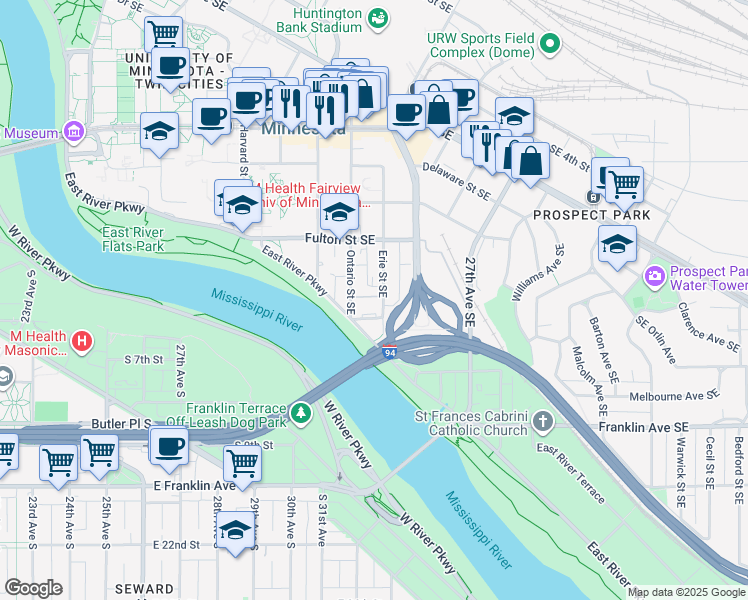 map of restaurants, bars, coffee shops, grocery stores, and more near 916 Dartmouth Place Southeast in Minneapolis