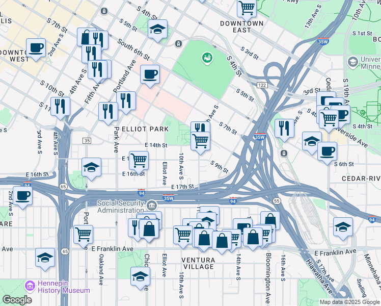 map of restaurants, bars, coffee shops, grocery stores, and more near 1415 10th Avenue South in Minneapolis