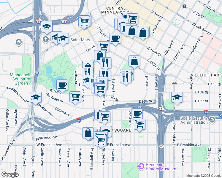 map of restaurants, bars, coffee shops, grocery stores, and more near 1411 Nicollet Avenue in Minneapolis