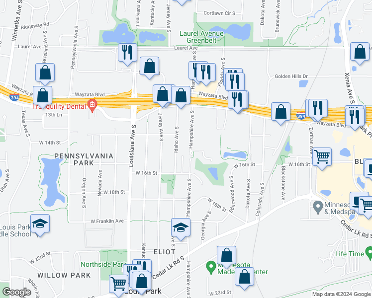 map of restaurants, bars, coffee shops, grocery stores, and more near 1428 Hampshire Avenue South in Minneapolis