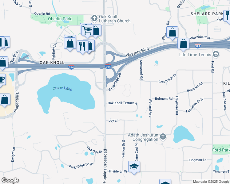 map of restaurants, bars, coffee shops, grocery stores, and more near 11055 Wayzata Boulevard in Minnetonka