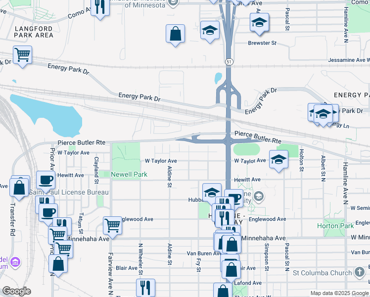 map of restaurants, bars, coffee shops, grocery stores, and more near 907 Charlotte Street in Saint Paul
