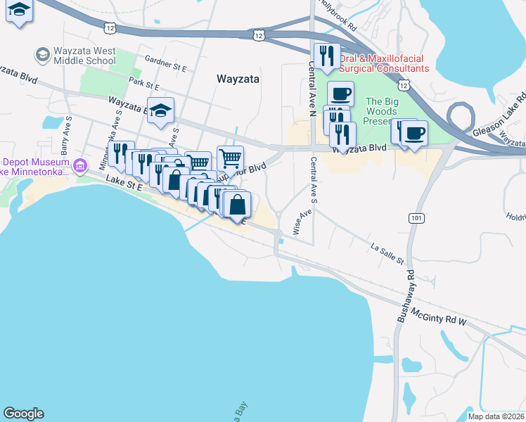 map of restaurants, bars, coffee shops, grocery stores, and more near 330 Engel Street in Wayzata