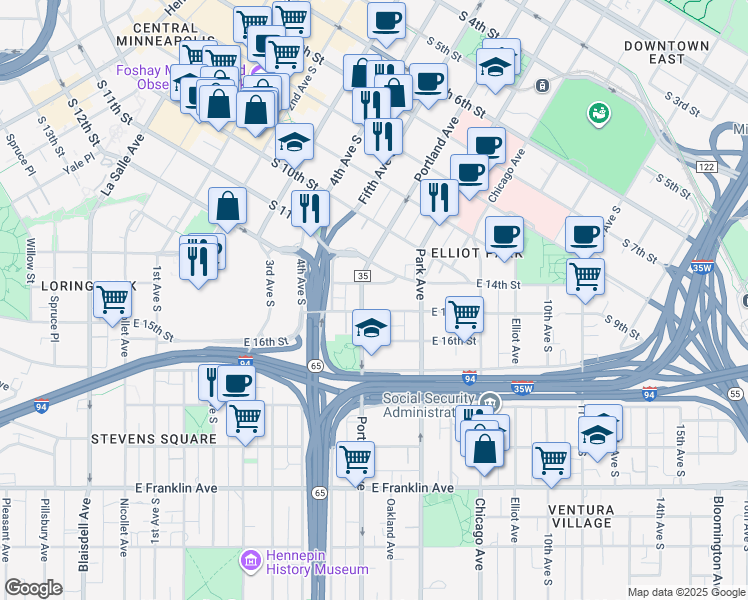 map of restaurants, bars, coffee shops, grocery stores, and more near 1401 Portland Avenue South in Minneapolis