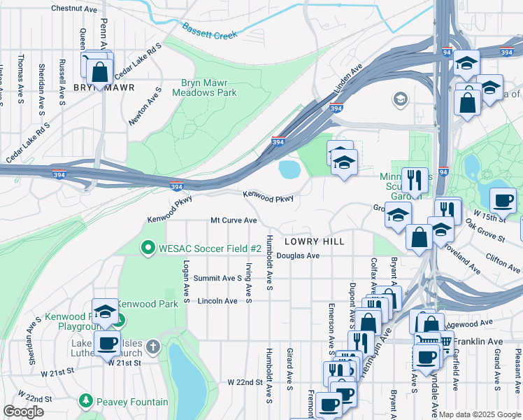 map of restaurants, bars, coffee shops, grocery stores, and more near 1520 Waverly Place in Minneapolis