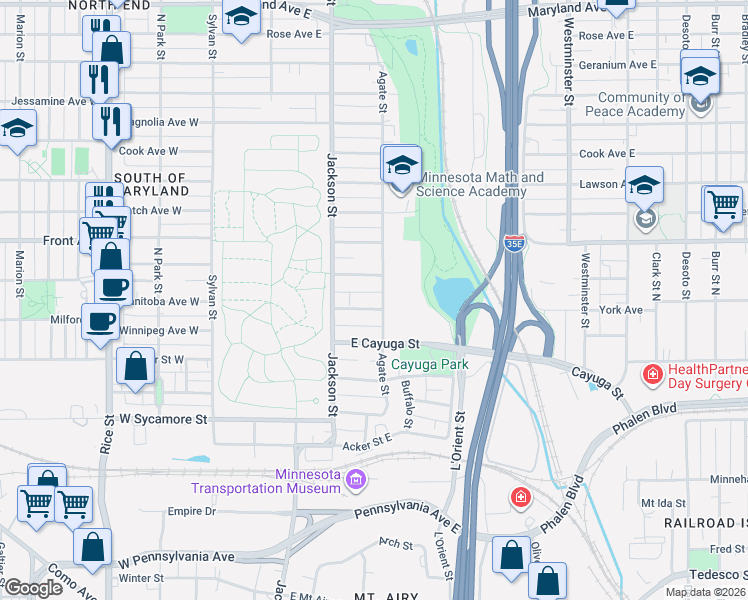 map of restaurants, bars, coffee shops, grocery stores, and more near 143 York Avenue in Saint Paul