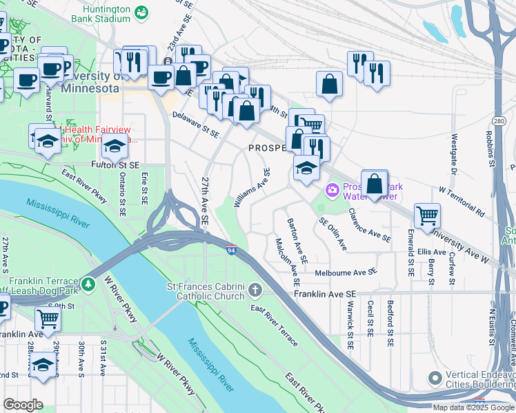 map of restaurants, bars, coffee shops, grocery stores, and more near 73 Arthur Avenue Southeast in Minneapolis